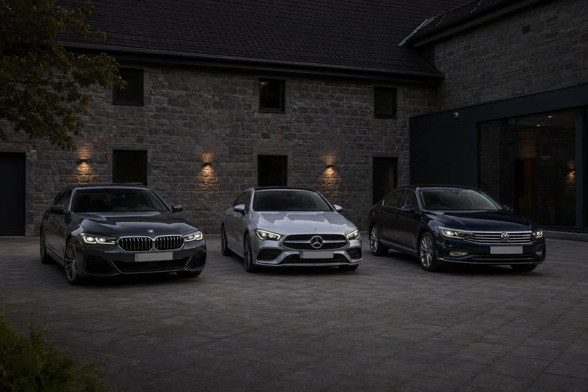 BMW Seria 5 G30, Mercedes CLA și VW Passat parcate ordonat una lângă alta – imagine ilustrativă generată cu inteligență artificială.