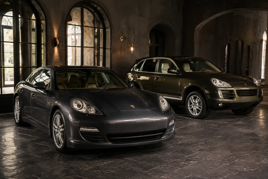 Porsche Panamera și Cayenne din primele generații, într-o remiză modernizată în tonuri închise – imagine ilustrativă generată cu inteligență artificială.